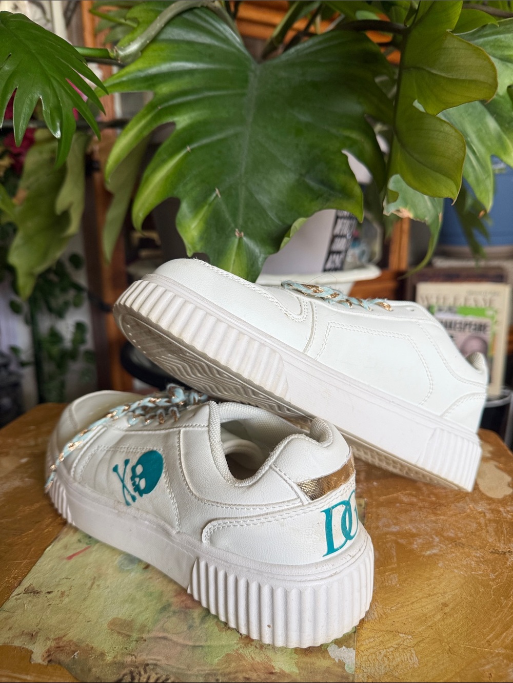 Women’s White Platform Sneakers with Teal Skull Accent with matching laces